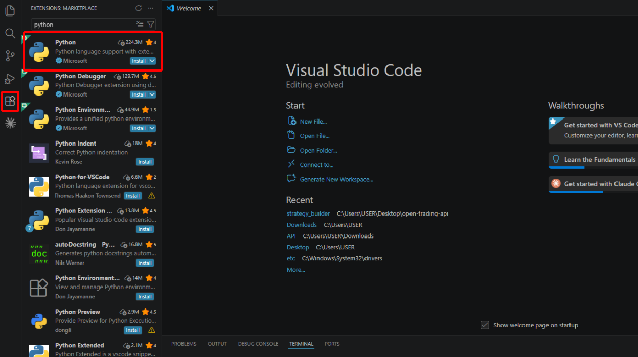 VS Code Extensions 탭 — Python 확장 설치